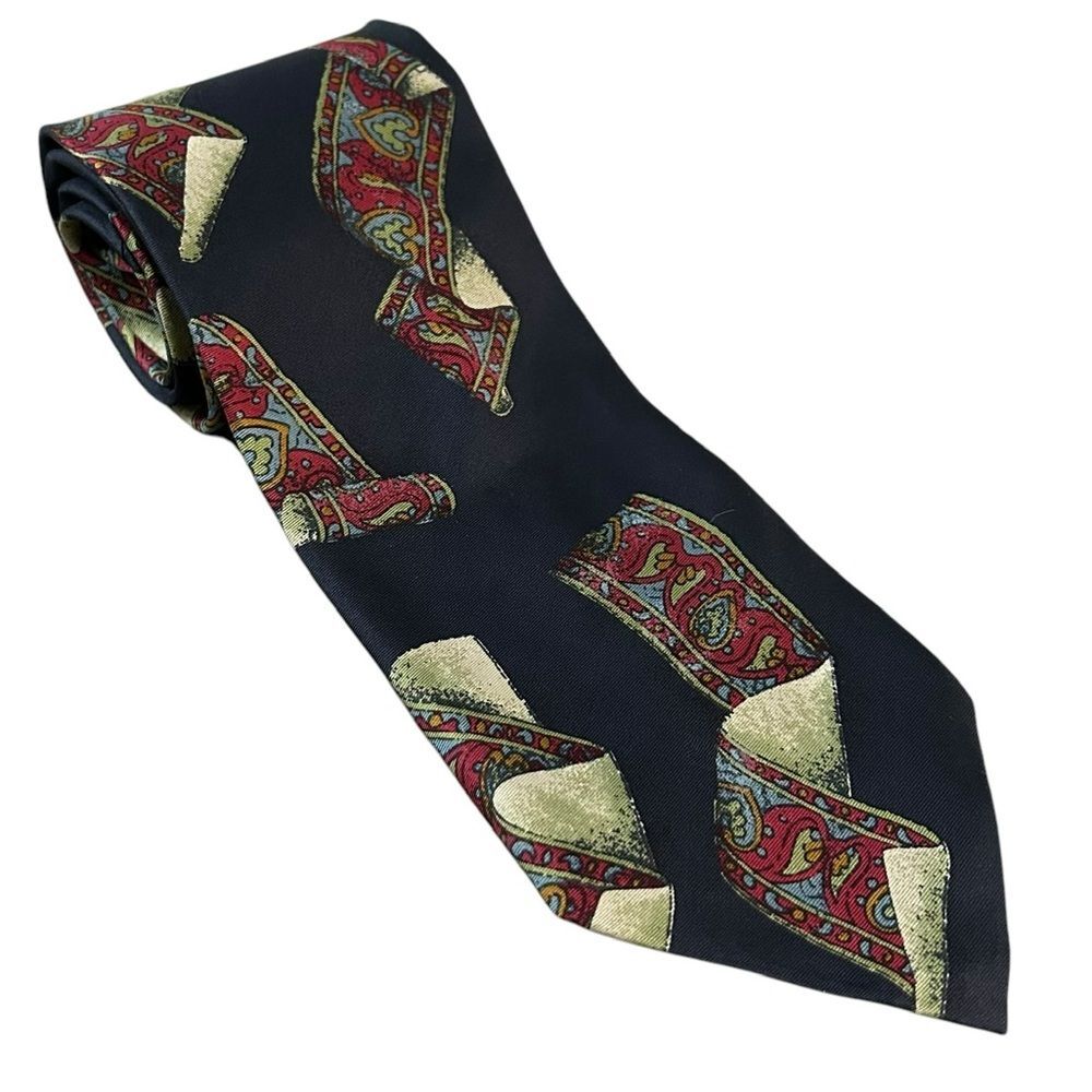 Christian Dior Italian Silk Neck‎ Tie Victorian Ribbon Novelty Print Jewel Tone
